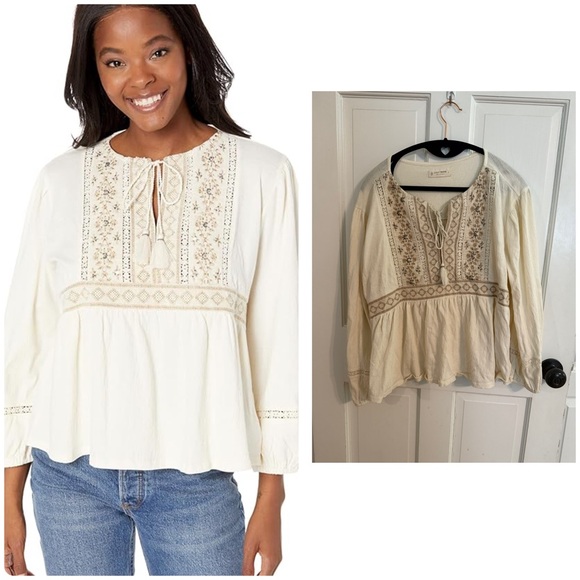 Lucky Brand Boho Cream Embroidered Blouse - Picture 1 of 9